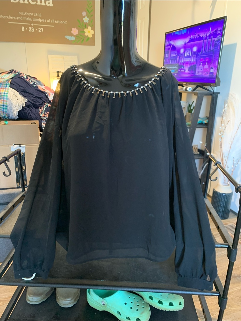#105 Black Beaded-Neck Long-Sleeve Women's Blouse